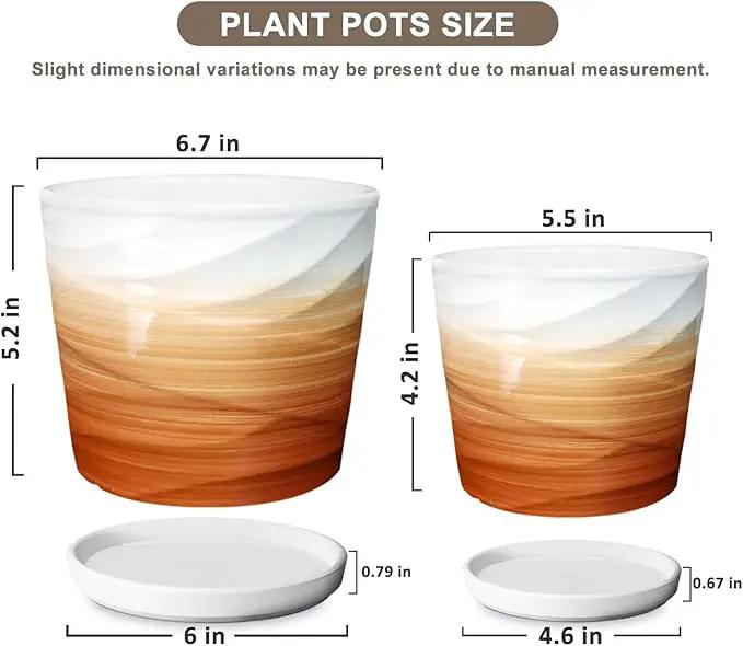 6.7 + 5.5 Inch Plant Pot, Ceramic Planter with Drainage and Saucer，Ceramic Pots for Plants, Indoor Plant pots，planters for Indoor Plants(Khaki + White) by GreenHaven Gardens