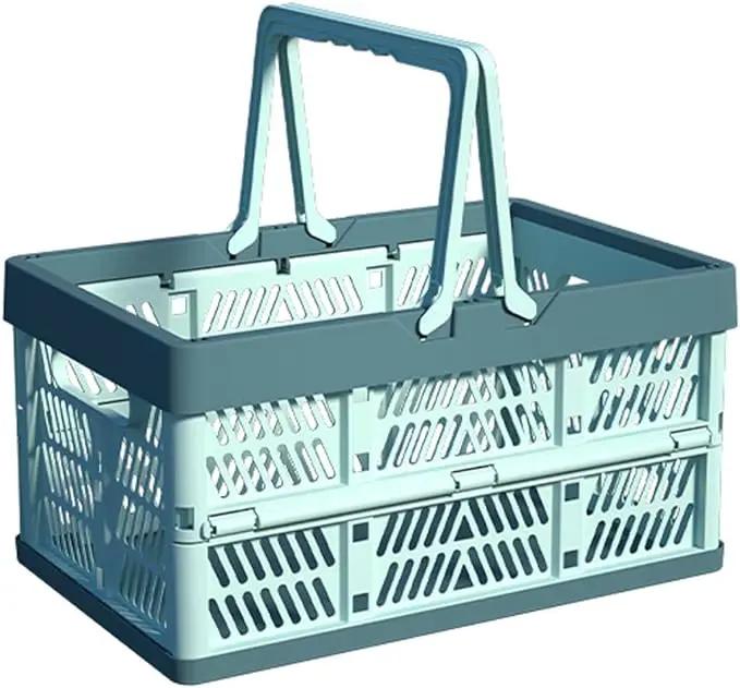 Plastic Storage Crate - 20L Collapsible Crate Stacking Folding Storage Basket - Sky Blue & Gray Blue M by GreenHaven Gardens