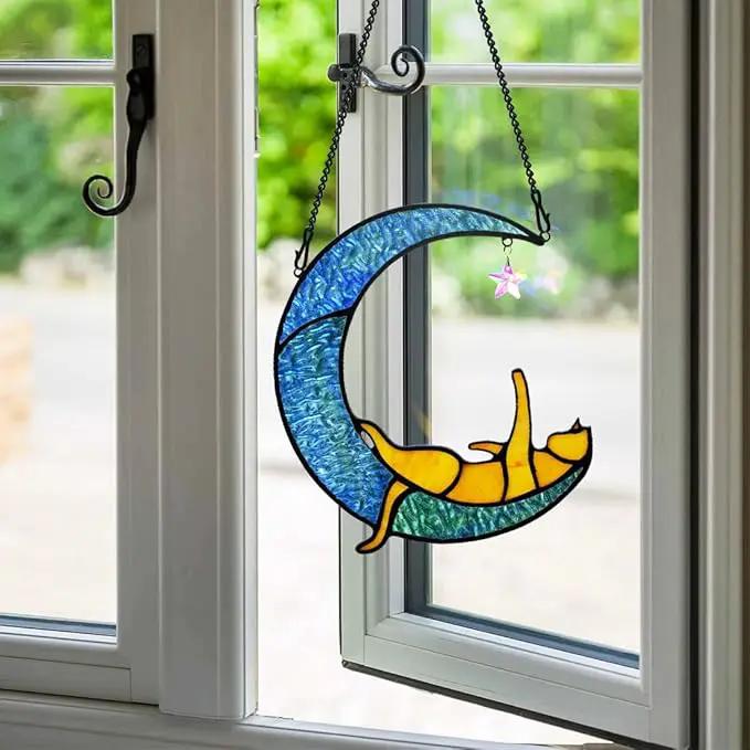 BOXCASA Orange Cat Suncatchers for Windows Hanging,Stained Glass Cat on Moon,Crystal Suncatcher Prism Hanging,Cat Gifts for Women Mom Cat Lovers by GreenHaven Gardens