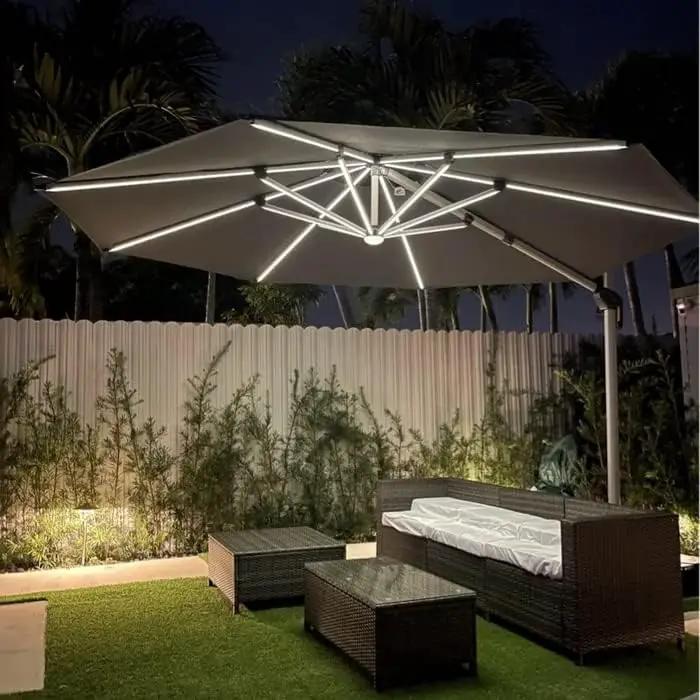 PURPLE LEAF 11ft Solar powered LED Patio Umbrella Outdoor Round Umbrellas Large Cantilever Umbrella with LED lights Windproof Offset Umbrellas Heavy Duty Sun Umbrella for Garden Deck Pool Patio, Grey by GreenHaven Gardens