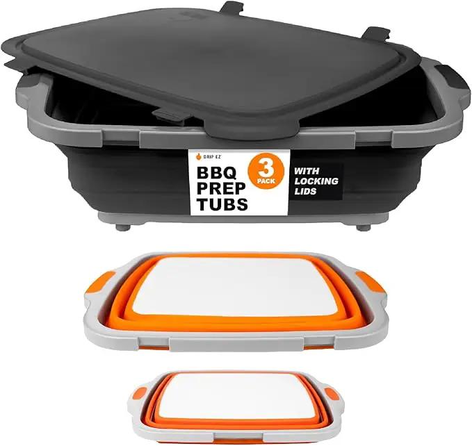 Drip EZ Collapsible BBQ Prep Tubs 3-Piece Set- For Meal Prep Marinating Food Storage - Includes Cutting Board & Lid - (1) JR - Orange + (1) OG - Orange + (1) XL - Black by GreenHaven Gardens