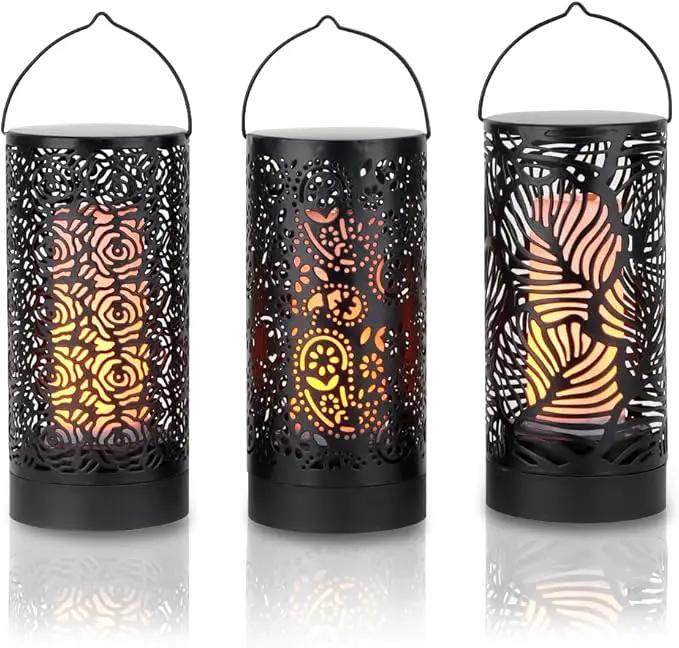 TRIROCKS Set of 3 LED Cordless Metal Lantern with Timer 7" H Moving Flame Lamp Battery Operated Breathing Lamp Floral Hollow LED Hanging Lighting for Indoor/Outdoor Patio Garden Party Gift by GreenHaven Gardens