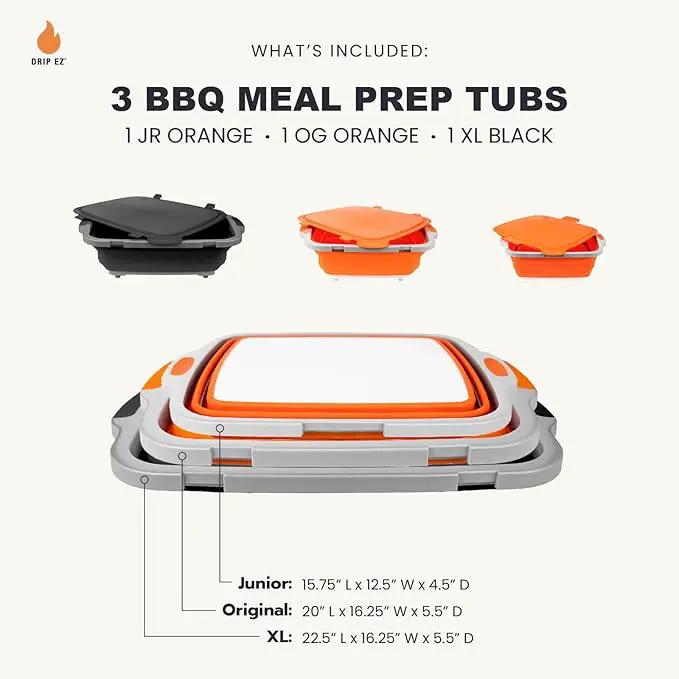 Drip EZ Collapsible BBQ Prep Tubs 3-Piece Set- For Meal Prep Marinating Food Storage - Includes Cutting Board & Lid - (1) JR - Orange + (1) OG - Orange + (1) XL - Black by GreenHaven Gardens