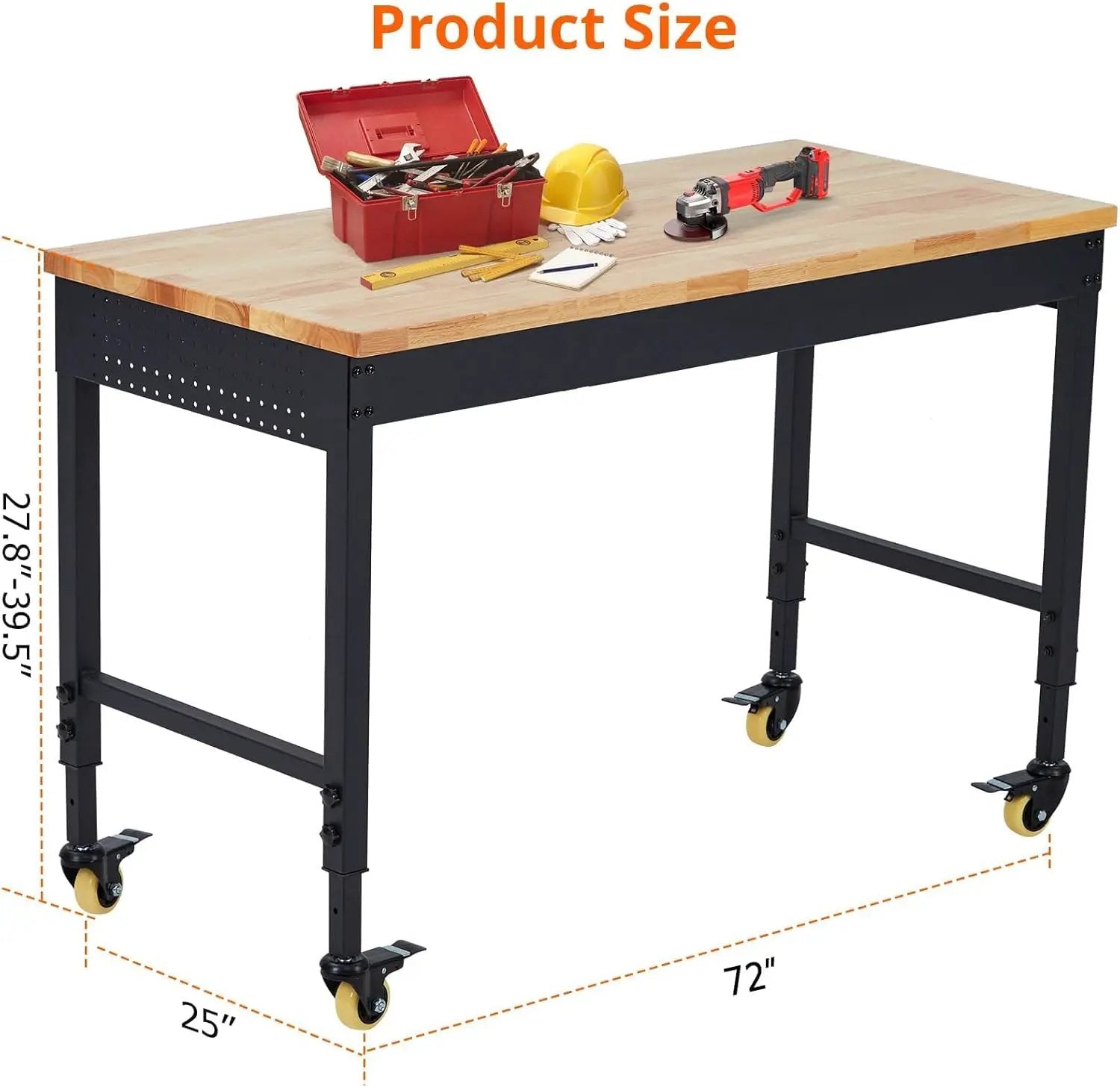 75'' Adjustable Workbench on Wheels, 2000LBS Heavy Duty Worktable with Power Outlets, Rubberwood Workstation for Workshop, Garage, Office, Home by GreenHaven Gardens