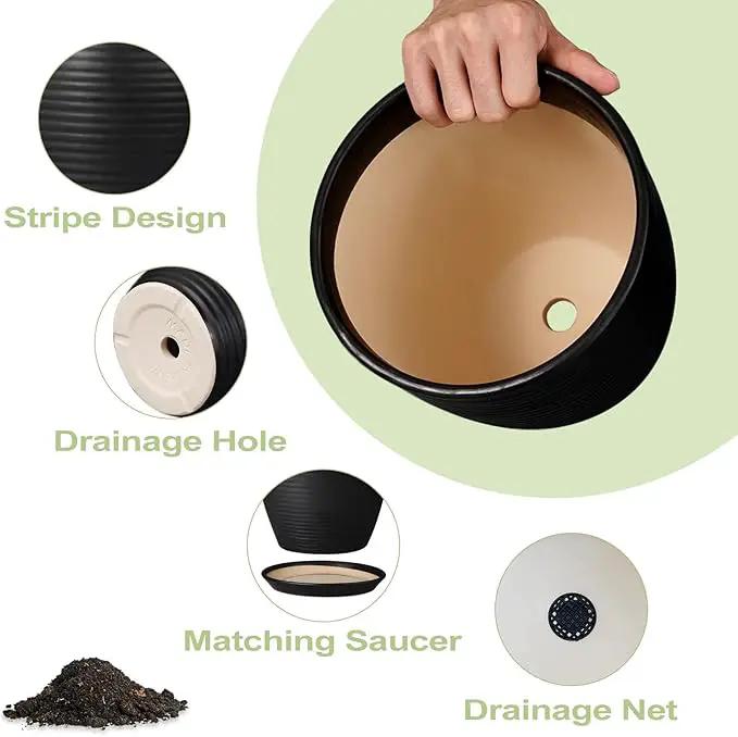 Ceramic Plant Pot 10 Inch - Large Planter Pots for Plants Indoor Outdoor Glazed Round Flower Pot with Drainage Hole and Saucer Black by GreenHaven Gardens