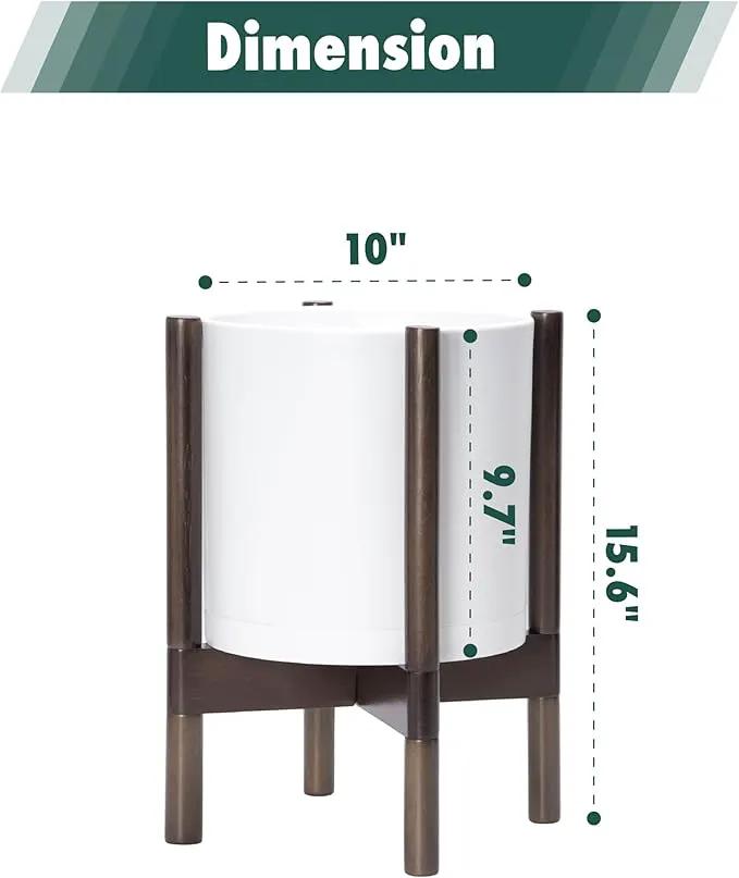 D'vine Dev Planter Pot with Stand - 10 Inch Plastic Cylinder Flower Pot with Wood Planter Holder for Indoor, Matte White Pot + Walnut Color Stand, 55-C-L-1 by GreenHaven Gardens
