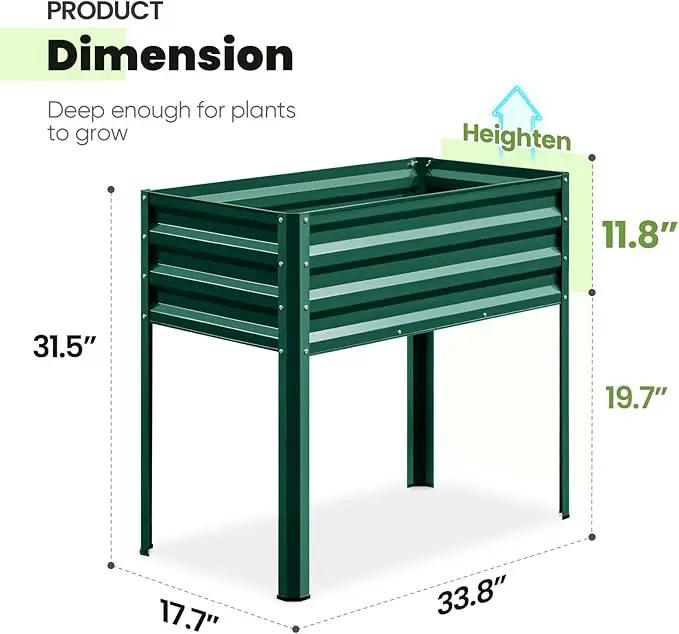 KING BIRD Raised Garden Bed with Legs Galvanized Elevated Planter Box for Backyard, Patio, Balcony, 33.9x17.7x31.5in, Green by GreenHaven Gardens