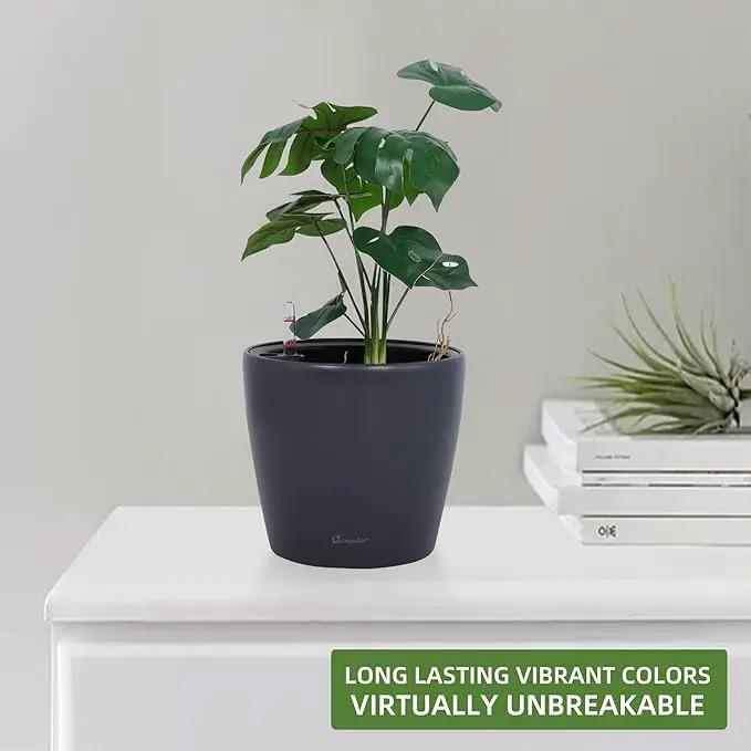 Dexceder 9x8 Inches Self Watering Planter Indoor Outdoor, Inner Pot Design, Thickened Table Flower Plant Pot with Water Level Indicator (Slate Gray Matte) by GreenHaven Gardens