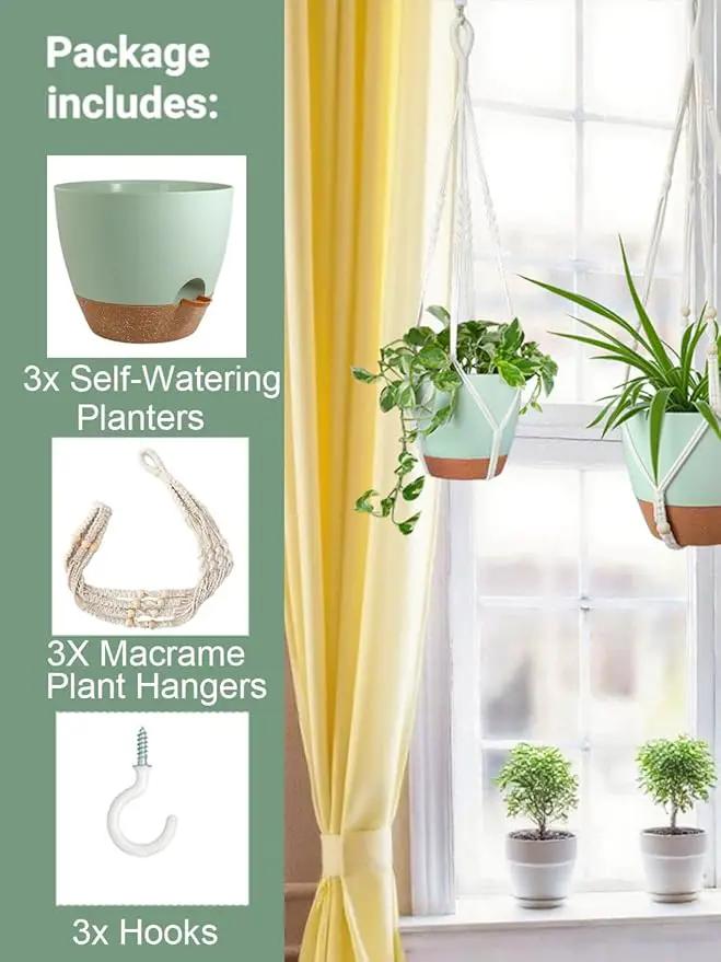 Self Watering Hanging Planters for Indoor Plants 3 Pack Macrame Plant Hangers with Drainage Holes Pots and Hooks for Home Garden Decor Green by GreenHaven Gardens