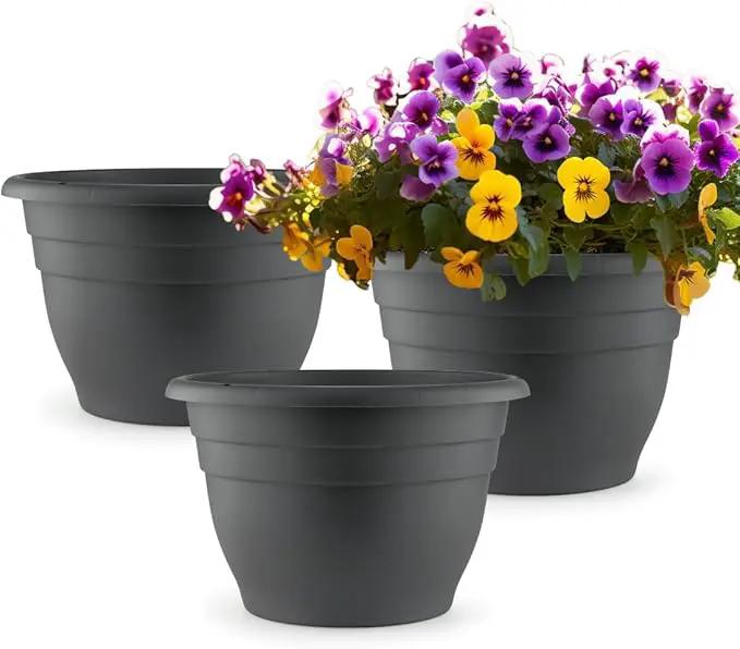 11 Inch Plant Pots, 3 Pack Planters for Indoor Ourdoor Plants, Round Plastic Flower Pots, Large Planters with Drainage Hole and Plug, Gray by GreenHaven Gardens