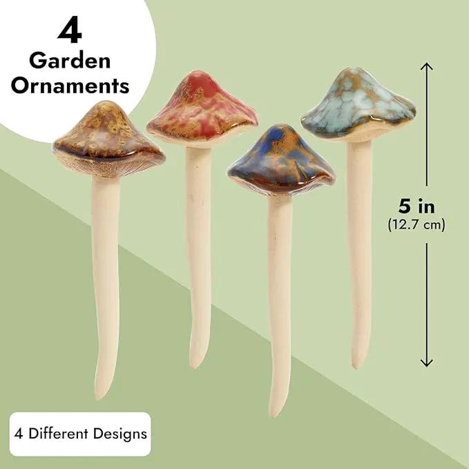 Juvale 4 Pack 5-inch Ceramic Mushroom Plant Garden Ornament and Decor - Outdoor Decoration Stakes for Planter Pots by GreenHaven Gardens