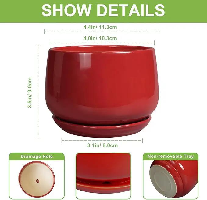 G EPGardening Ceramic Pots for Plants - 4 inch Succulent Pots Indoor Outdoor, Small Planter with Drainage Hole & Tray, Modern Flower Pot, Decorative Round Planter, Living Room Decor, Home Gifts, Red by GreenHaven Gardens