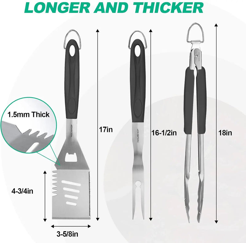HAUSHOF Large Grill Accessories Heavy Duty BBQ Set Gifts for Men/Women - Premium Stainless Steel Spatula, Fork & Tongs, Barbecue Utensils Tool Kit Gift for Grilling Lover Outdoor by GreenHaven Gardens