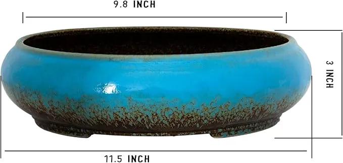 Succulent Pots - 11.5 Inch Ceramic Bonsai Pots with Drainage, Large Shallow Succulent Planters for Indoor Outdoor Plants, Round Glazed Cactus Flower Plant Container Bowl Home Desk Decor(Blue) by GreenHaven Gardens
