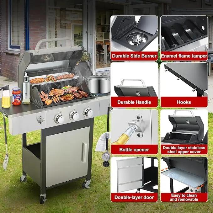 3-Burner Propane Gas Grill with Side Burner, 25,650 BTU Outdoor BBQ Grill with Stainless Steel Warming Rack, Enameled Cooking Grids, Built-in Thermometer & Foldable Side Tables with 6" Wheels by GreenHaven Gardens