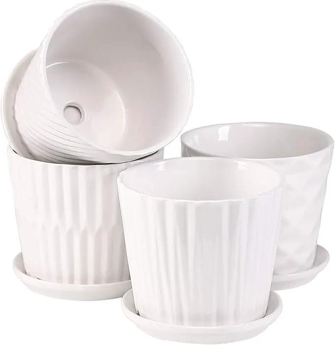 Plant Pots - 5.5 Inch Cylinder Ceramic Planters with Connected Saucer, Pots for Succuelnt and Little Snake Plants, Set of 4, White