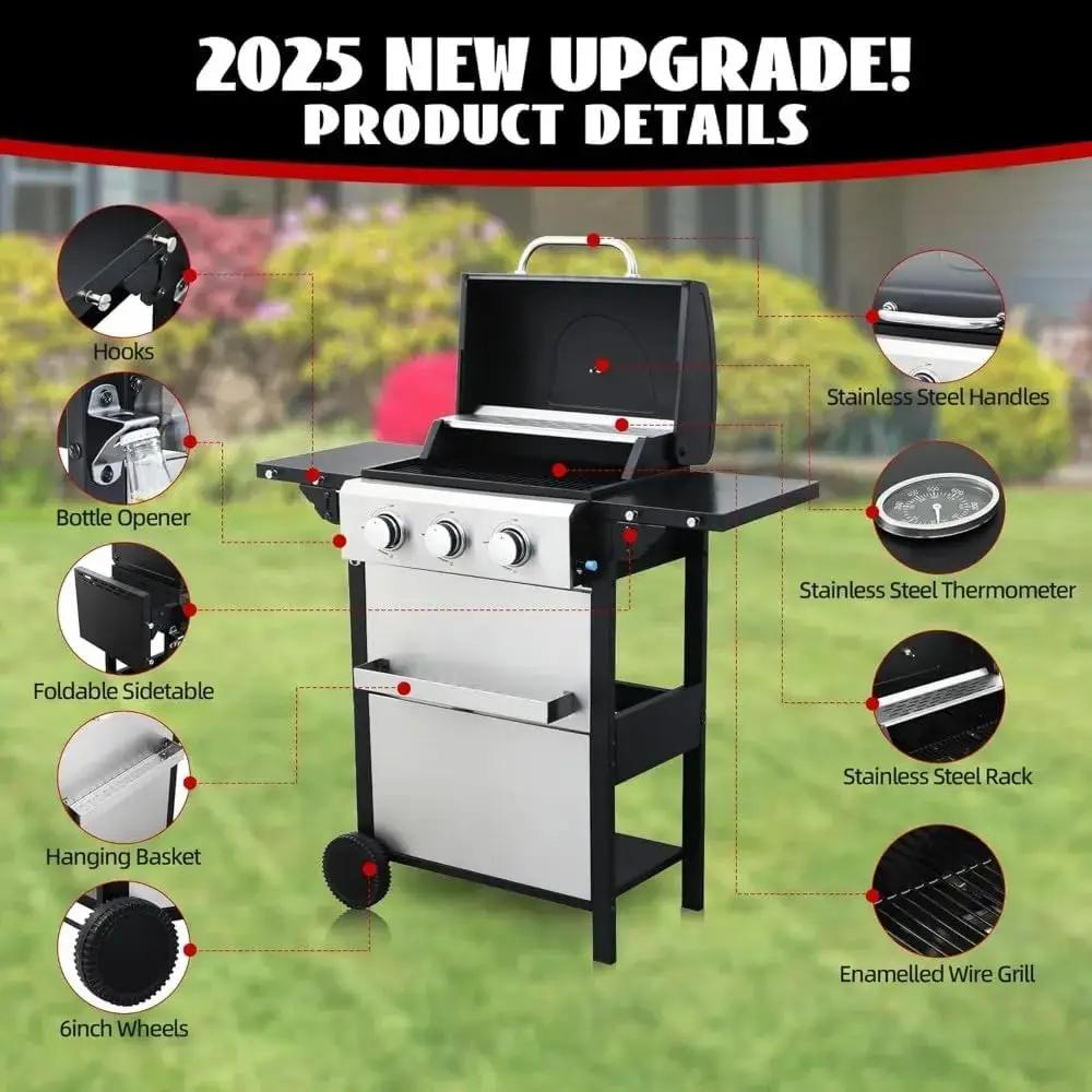 3-Burner Propane Gas Grill, 25,650 BTU Outdoor BBQ Grill with Stainless Steel Warming Rack, Enameled Cooking Grids, Built-in Thermometer & Foldable Side Tables - Portable Design with 6" Wheels by GreenHaven Gardens