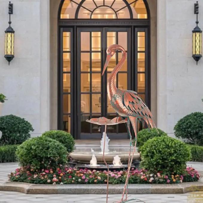 Crane Garden Statue, 42'' Heron Outdoor Statue with Birdbath, Large Crane Bird Metal Yard Art for Lawn Porch Backyard Patio Decor (Brown) by GreenHaven Gardens