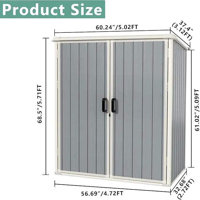 Aoxun Outdoor Storage Shed 5 x 3FT, Resin Shed with Floor and Lockable Door, Plastic Sheds for Garbage Can, Tool, Accessories, Lawn, Garden - Grey by GreenHaven Gardens