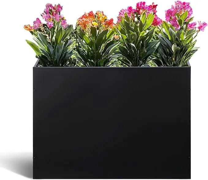 Metal Rectangular Planter Box Tall Planters for Outdoor Plants Modern Heavy Duty with Drainage Holes for Outside Indoor Patio Deck - Black, 32”x 12”x 24” by GreenHaven Gardens