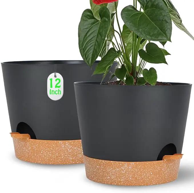Plant Pots Self Watering Planters with Drainage Hole and Reservoir Large Flower Planting Pots for Indoor Outdoor Plants Plastic Succulent Pot Gift Idea 2 * 12Inch by GreenHaven Gardens