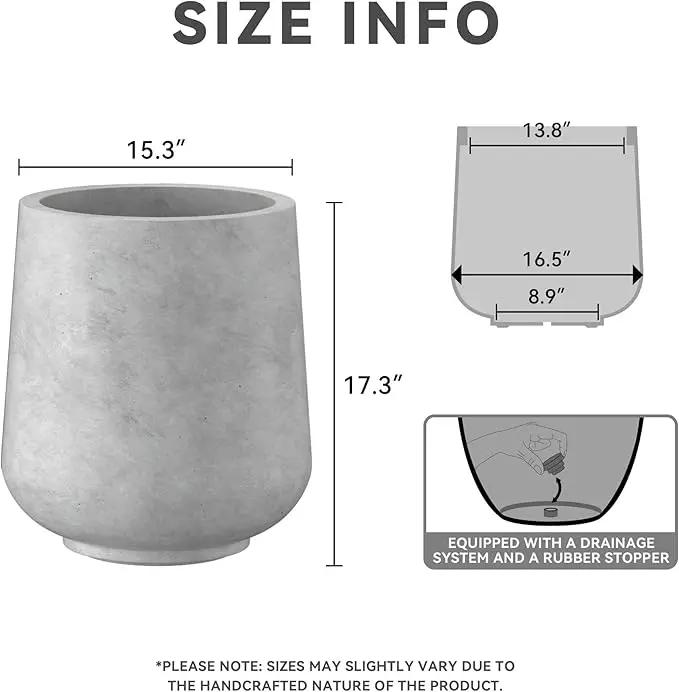 Kante 15.3" Dia Round Concrete Planter, Outdoor Indoor Large Plant Pots Containers with Drainage Hole and Rubber Plug for Home Garden Patio, Gray Concrete by GreenHaven Gardens