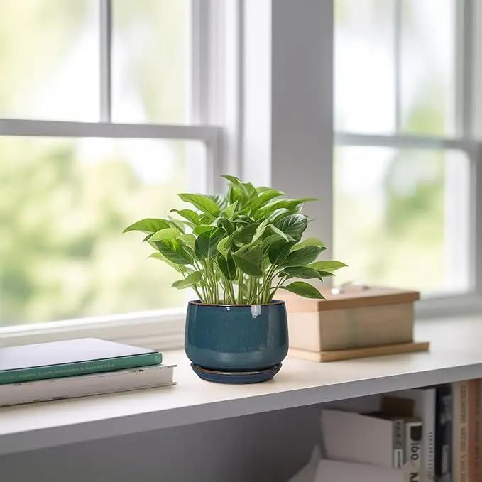 G EPGardening Ceramic Pots for Plants - 4 inch Plant Pots for Indoor Outdoor, Small Planter with Drainage Hole & Tray, Modern Succulent Pots, Round Planter, Office Decor, Home Gifts, Retro Blue by GreenHaven Gardens