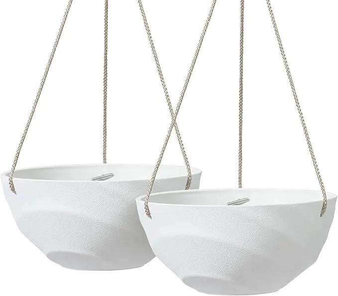 La Jolie Maison 10 Inch Hanging Planters for Indoor Plants, Outdoor Garden Planter Pots with Self-Watering Tray, Eggshell White, Set of 2 by GreenHaven Gardens