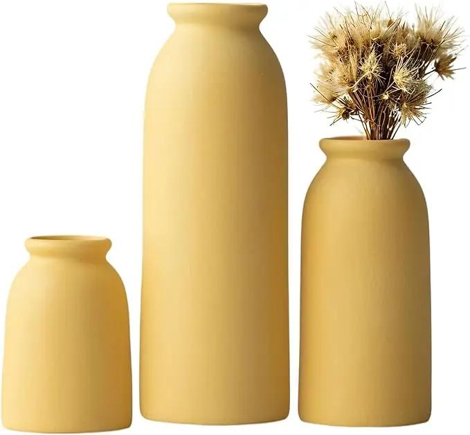 Ceramic Vase Set-3, Small Flower Vases for Decor, Modern Boho Farmhouse Style, Decorative Vases for Pampas Grass & Dried Flowers, Distressed Finish (Yellow) by GreenHaven Gardens