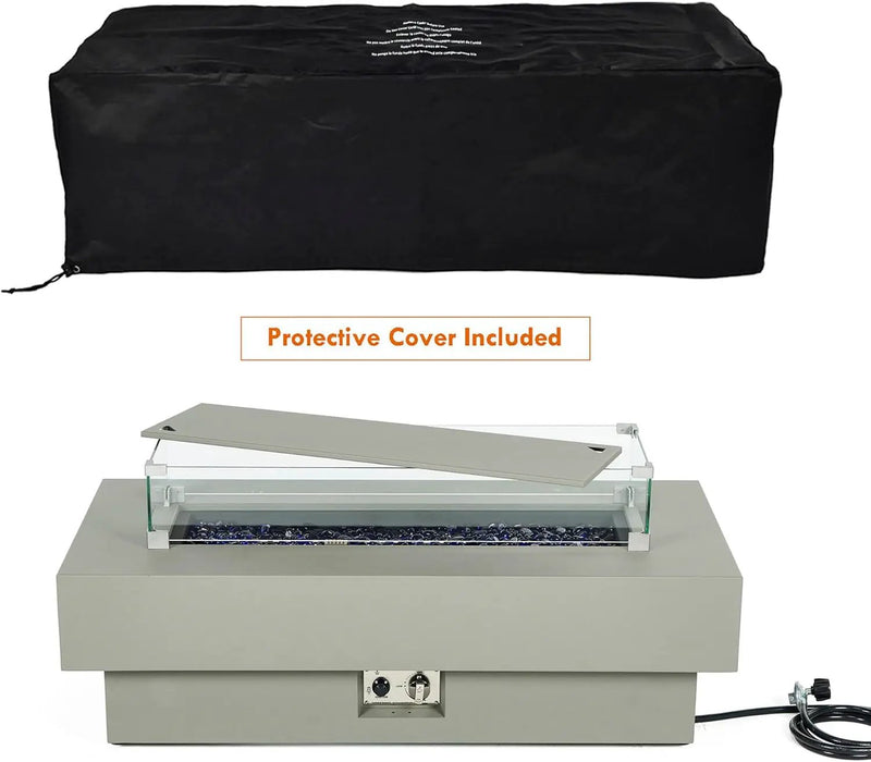 48-inch Fire Table with 20lb Propane Tank Cover & Wind Glass Shield, 50,000BTU Outdoor Modern Patio Fire Pit Table w/Rectangular Burner Lid, Glass Rocks, Pre-Attached 10ft External Gas Hose by GreenHaven Gardens