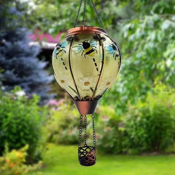 2PCS Solar Hot Air Balloon Lanterns with Flame with Shepherd's Hooks, Glass Hanging Flickering Lights Outdoor Waterproof for Garden Tree Yard Patio Mother's Day Gift, 18" H Bee by GreenHaven Gardens