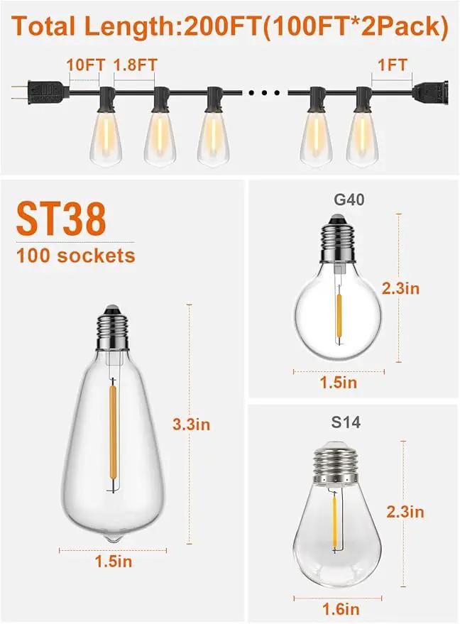 GPATIO 200FT(100FT*2Pack) Outdoor String Lights, Waterproof Patio Lights with 64 Dimmable Hanging Lights Globe ST38 Bulbs, 2700k Shatterproof for Backyard Gazebo Porch Garden Outside Decor by GreenHaven Gardens