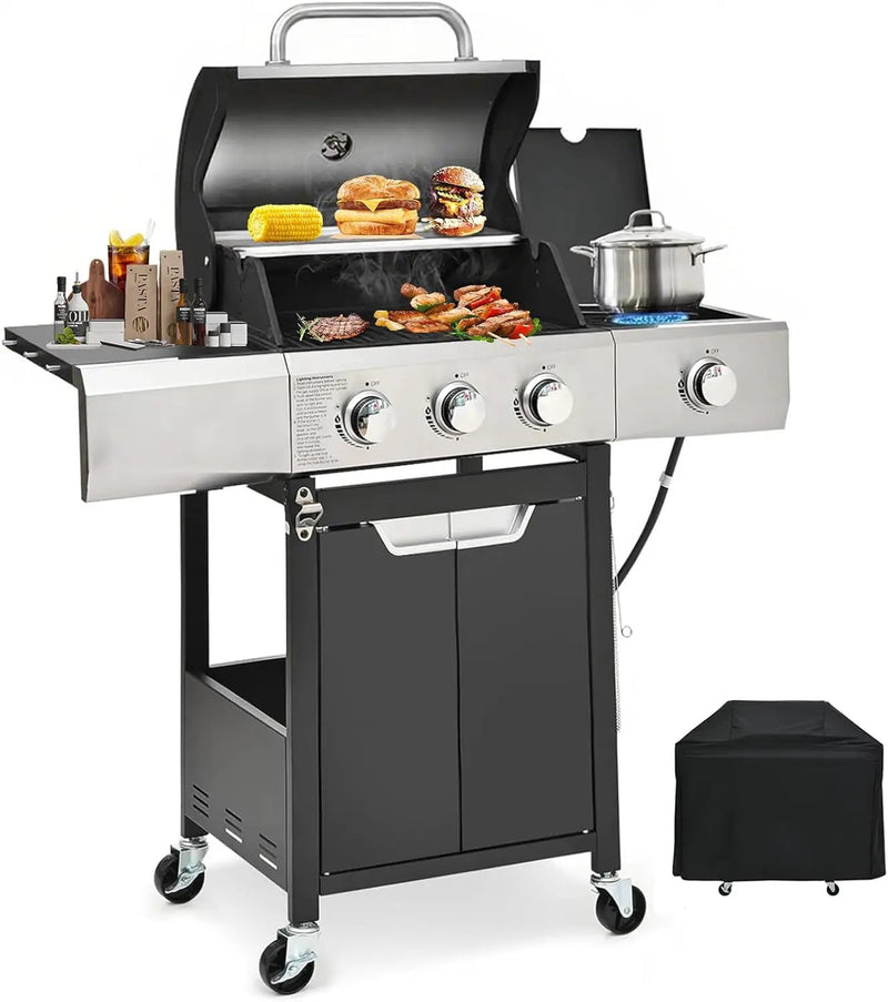 3-Burner Propane Gas Grill with Side Burner, 40,500 BTU Stainless Steel BBQ - Easy Assembly & Grease Management for Patio, Backyard, Camping (3+1Burner) by GreenHaven Gardens
