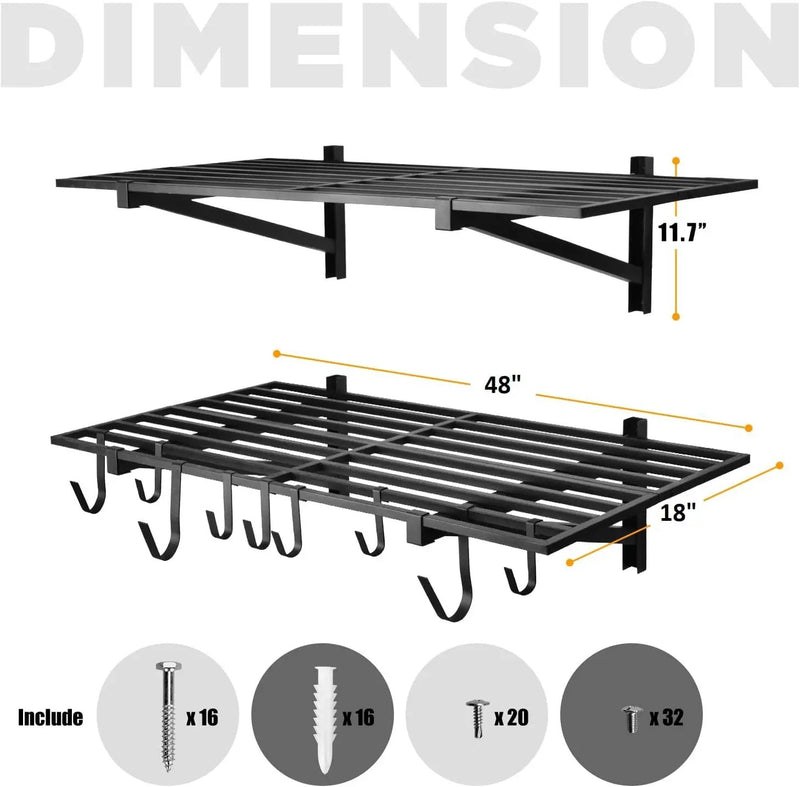 4 Pack 1,5x4ft Heavy Duty Garage Wall Shelving, Garage Shelving Wall Mounted, Storage Rack with Hooks (Black) by GreenHaven Gardens