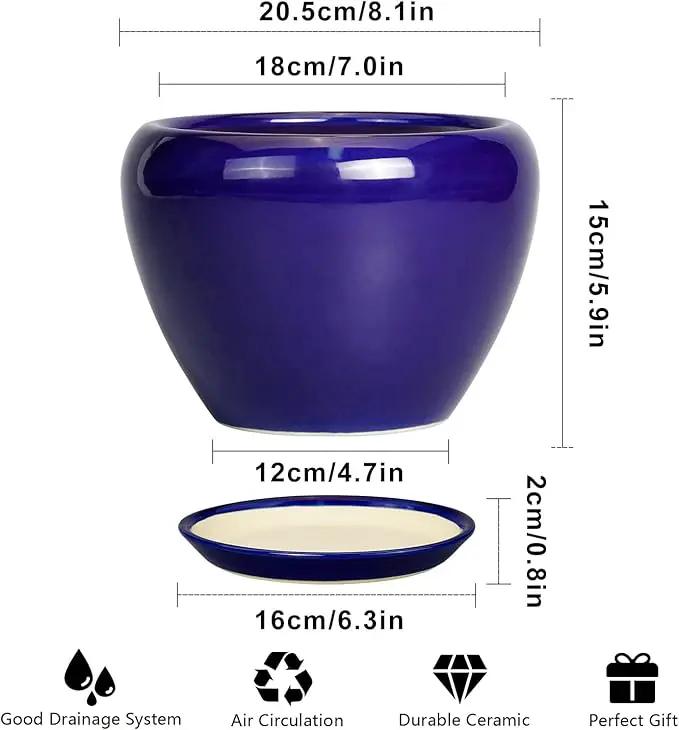 Ceramic Plant Pot 8 Inch - Planter for Outdoor Plants Indoor Plant Pot with Drainage Hole and Saucer Decorative Round Planter Modern Flower Pot for House Decor Blue by GreenHaven Gardens
