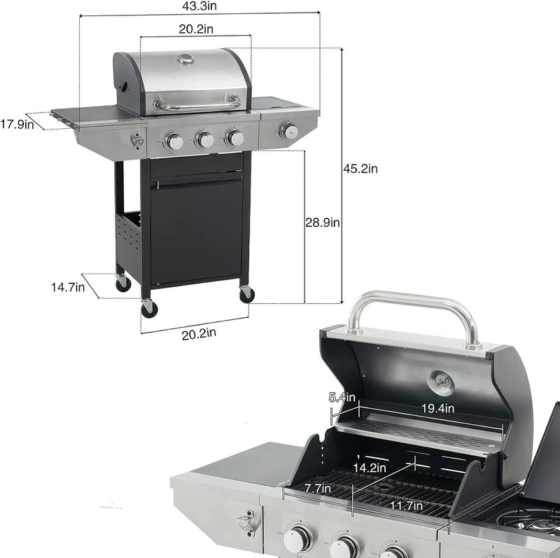 Endark 3-burner propane gas grill | 37,000 BTU stainless steel with side-fire function | with enameled cast iron grate, thermometer and side stand wheels | great for patio and garden outdoor cooking by GreenHaven Gardens