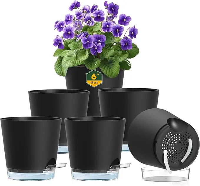 6 inch Self Watering Pots for Indoor Outdoor Plants, 6 Pack Flower Plant Pots with Drainage Holes and Clear Reservoirs, Visible Water Level, Plastic Planters with Wicking Rope, Black by GreenHaven Gardens