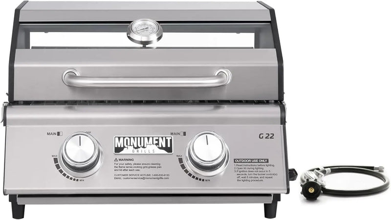 Portable Propane Gas Grill 2-Burner Tabletop Clearview® Monument Grills for Outdoor Camping Cooking, Two 15,000 BTU Burners, Stainless Steel, and Built-in Thermometer by GreenHaven Gardens
