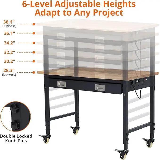 48'' Adjustable Workbench on Wheels, 2000LBS Heavy Duty Worktable with Power Outlets & Drawers & Pegboard, Rubberwood Workstation for Workshop, Garage, Office, Home by GreenHaven Gardens