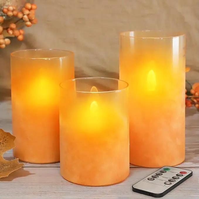 Orange Flameless Candles - Battery Operated Candles with Remote Orange Glass Sandblasted Design Wax Unscented - Centerpieces for Dinner Table Tray House Warming Thanksgiving Gifts by GreenHaven Gardens