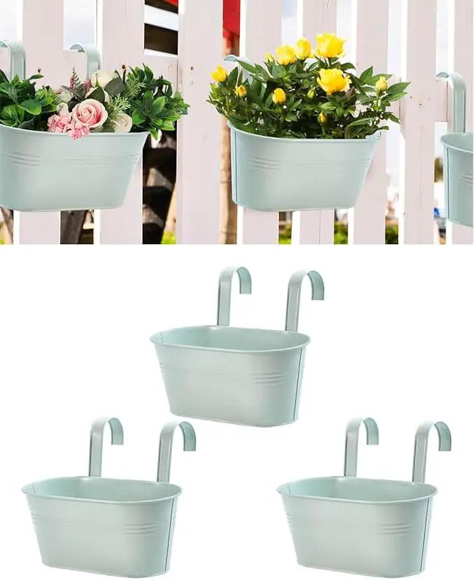 vensovo Metal Railing Planter for Outdoor Plants - 3 Pack Balcony Hanging Flower Pots with Detachable Hooks and Drain Holes Oval Bucket Rail Box Fence Planters for Home Garden Decor, Light Green by GreenHaven Gardens