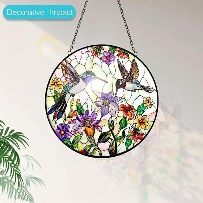 Hummingbird Suncatcher Stained Glass Window Hanging - Bird and Flowers Suncatchers for Windows - Sun Catchers Indoor Window Wall Art Home Decor Panel - Hummingbird Gifts for Women Men Mom Bird Lovers by GreenHaven Gardens