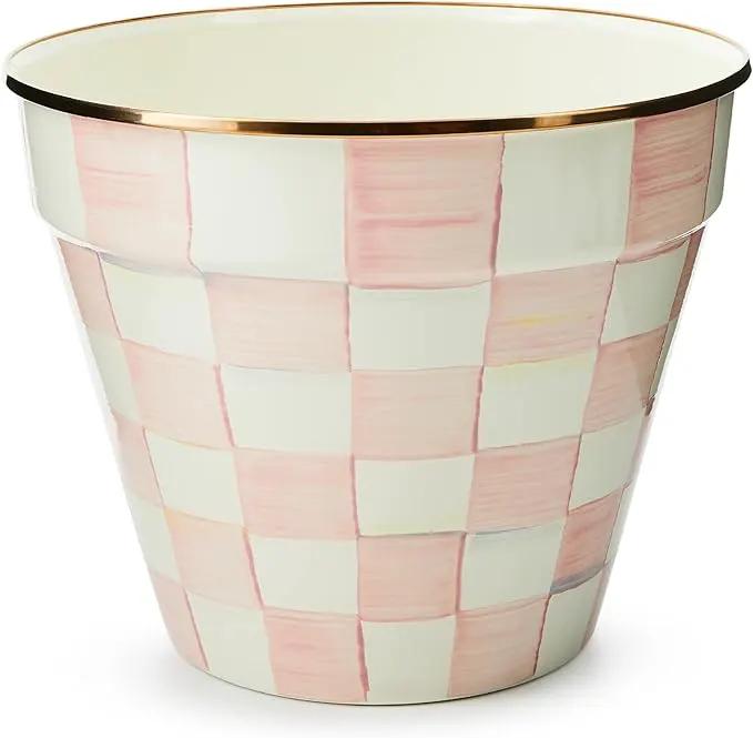 MACKENZIE-CHILDS Enamel Garden Pot, Decorative Pot for Plants, Outdoor Flowerpot Decor, Extra Large, Pink-and-White Rosy Check by GreenHaven Gardens