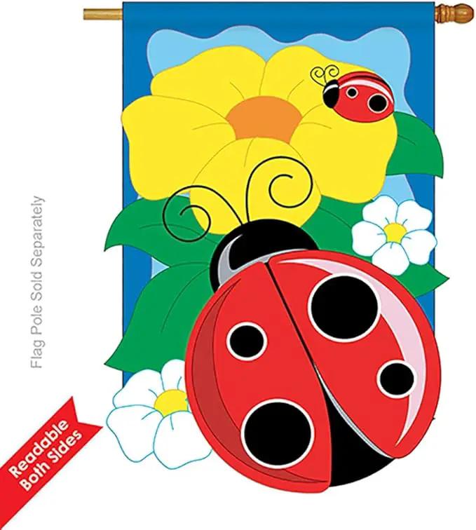 Two Group - Ladybug Garden Friends - Everyday Bugs & Frogs Applique Decorative Vertical House Flag 28" x 44" by GreenHaven Gardens