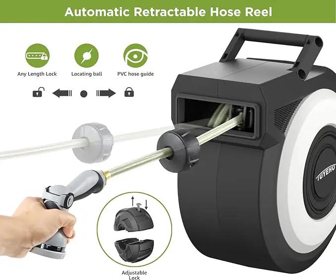 Tuyeho Retractable Garden Hose Reel 90 FT, Wall Mount Heavy Duty Water Hose Reels with Automatic Slow Rewind System, Outdoor Hoses Reel with 2 Hose Nozzles for Garden Watering, Car Wash, Pet Shower by GreenHaven Gardens