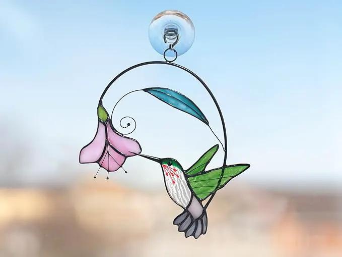 Lolitarcrafts Stained Glass Hummingbird Window Hangings with Flowers, Bird Stained Glass Suncatcher for Window Decor Hummingbird Gifts for Mom,Bird Lovers (Green with Flower A) by GreenHaven Gardens