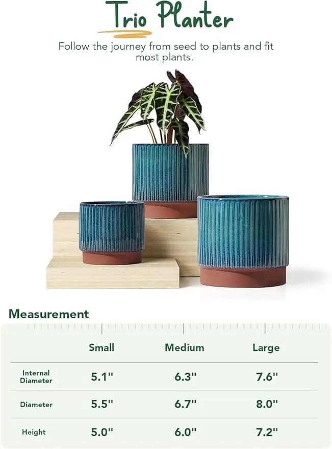 LE TAUCI Ceramic Plant Pots with Drainage Holes, Set of 3, 8+6.7+5.5 Inch Stripe Garden Planter Pots for Outdoor Indoor Plants Flower, Round Succulent Orchid Flower Pot, Reactive Glaze Black by GreenHaven Gardens
