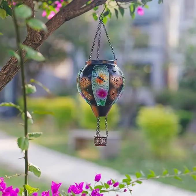 DREAMSOUL Butterfly Hot Air Balloon Solar Lantern, Glass & Metal Outdoor Lantern Hanging Solar Lanterns Outdoor Waterproof for Garden Patio Party by GreenHaven Gardens