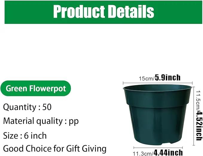 50 Pack 6 Inch Nursery Pots, Planting Grow Plastic Flower Pots, Thick Planters with Drainage Holes for Outdoor/Indoor Plants Succulent Herb (Green) by GreenHaven Gardens