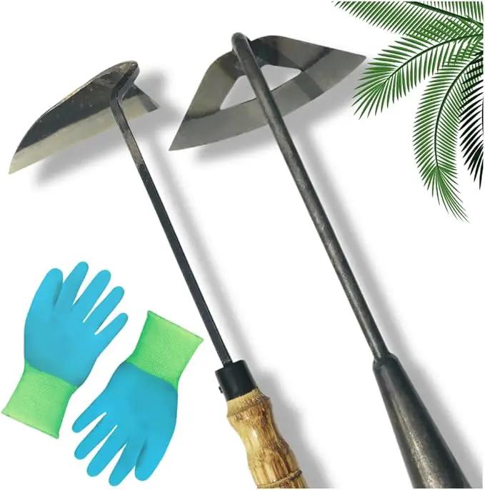 Pack of Weeding Tool Hollow Hoe and Japanese Sickle Garden Tool and a Pair of Professional Gardening Gloves - Heavy Duty Very Sharp Gardening Hand Tools for Landscaping - Nejiri Gama Hoe by GreenHaven Gardens